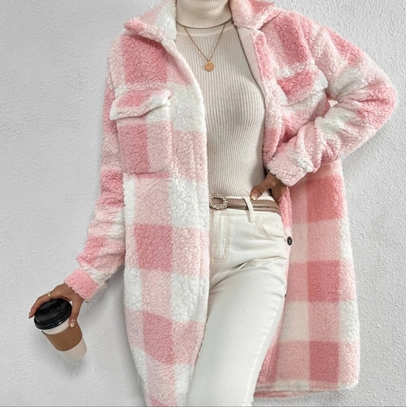 Pink Casual Womens Buffalo Plaid Pattern Flap Pocket Drop Shoulder Teddy Coat - Picture 4 of 4
